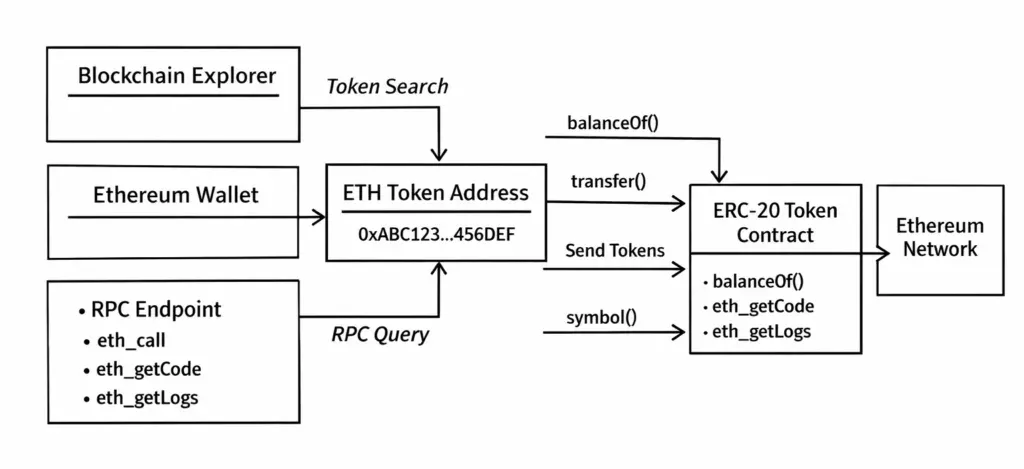 ETH token address discovery flow showing wallet lookup, Etherscan explorer, and RPC-based token queries on Ethereum