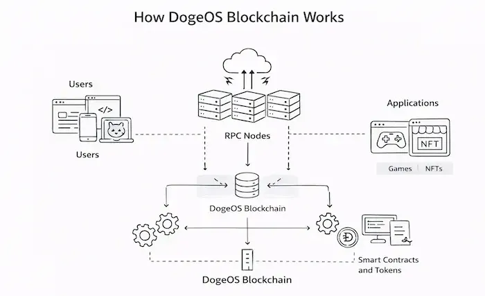 Diagram showing how DogeOS users and applications interact with the DogeOS blockchain through RPC nodes and smart contracts.